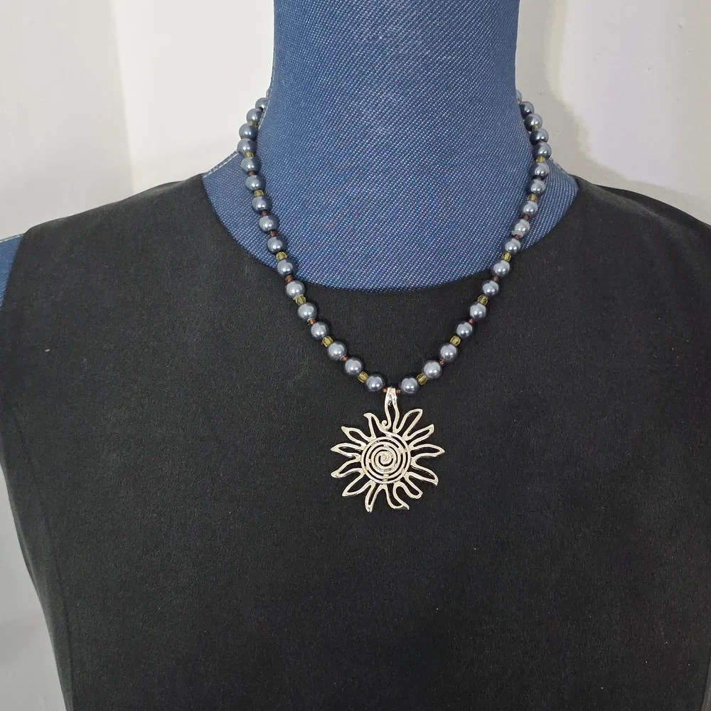 Natural Stone Hematite Necklace with Sun Pendant and Earrings Set